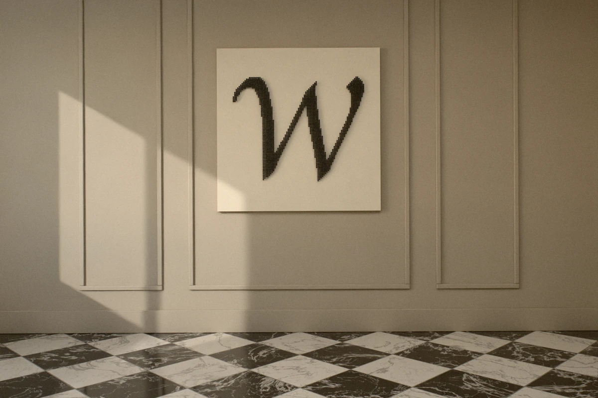 A calligraphic letter W in black golf tees on an ivory panel, hung alone on a paneled putty-gray wall above a black-and-white marble floor.