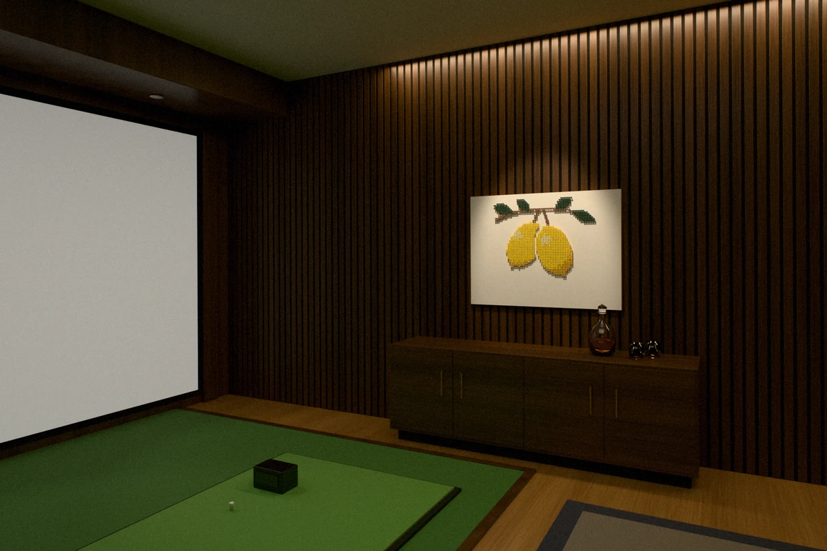 Two yellow lemons hanging from a branch with green leaves, in golf tees on an ivory panel, hung on a walnut slat wall above a walnut credenza with a crystal decanter and two glasses, around the corner from a golf simulator’s blank white screen and turf.