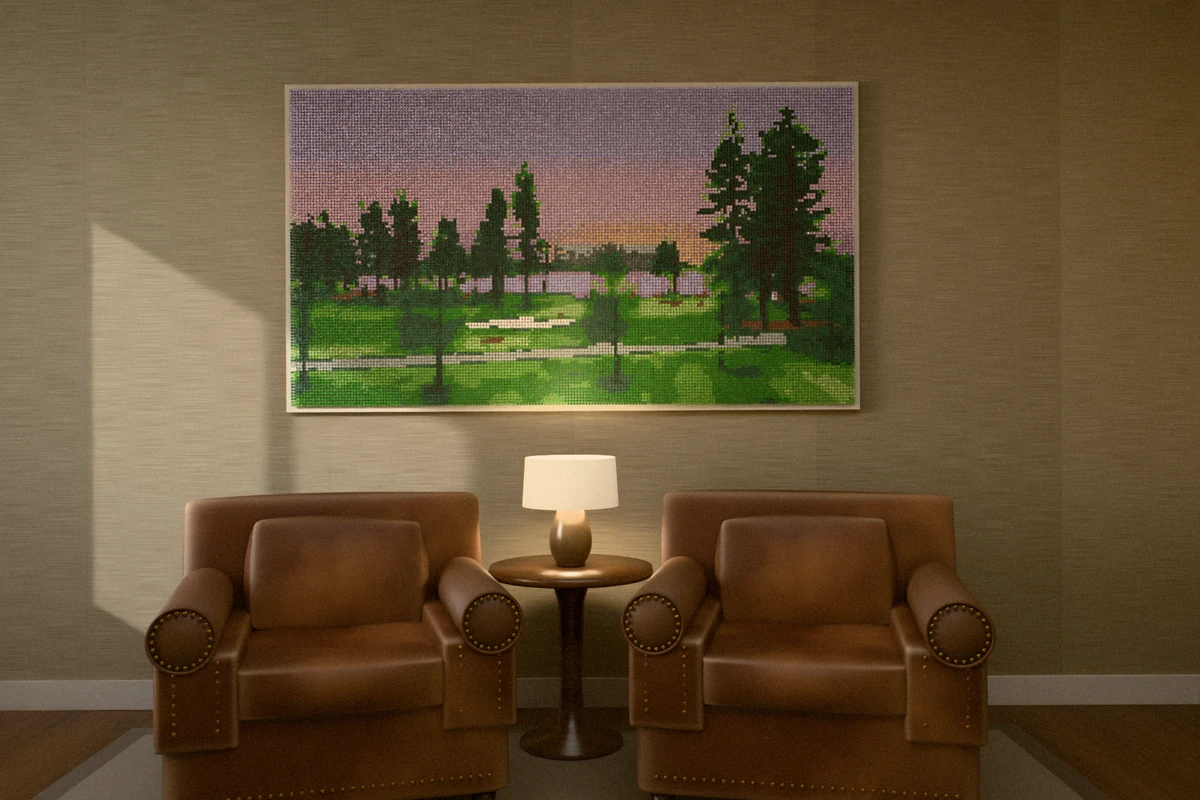 A golf-tee picture of a green among tall pines with a lake and a pink dusk sky, hung on a grasscloth wall above two leather club chairs and a side table with a lamp.
