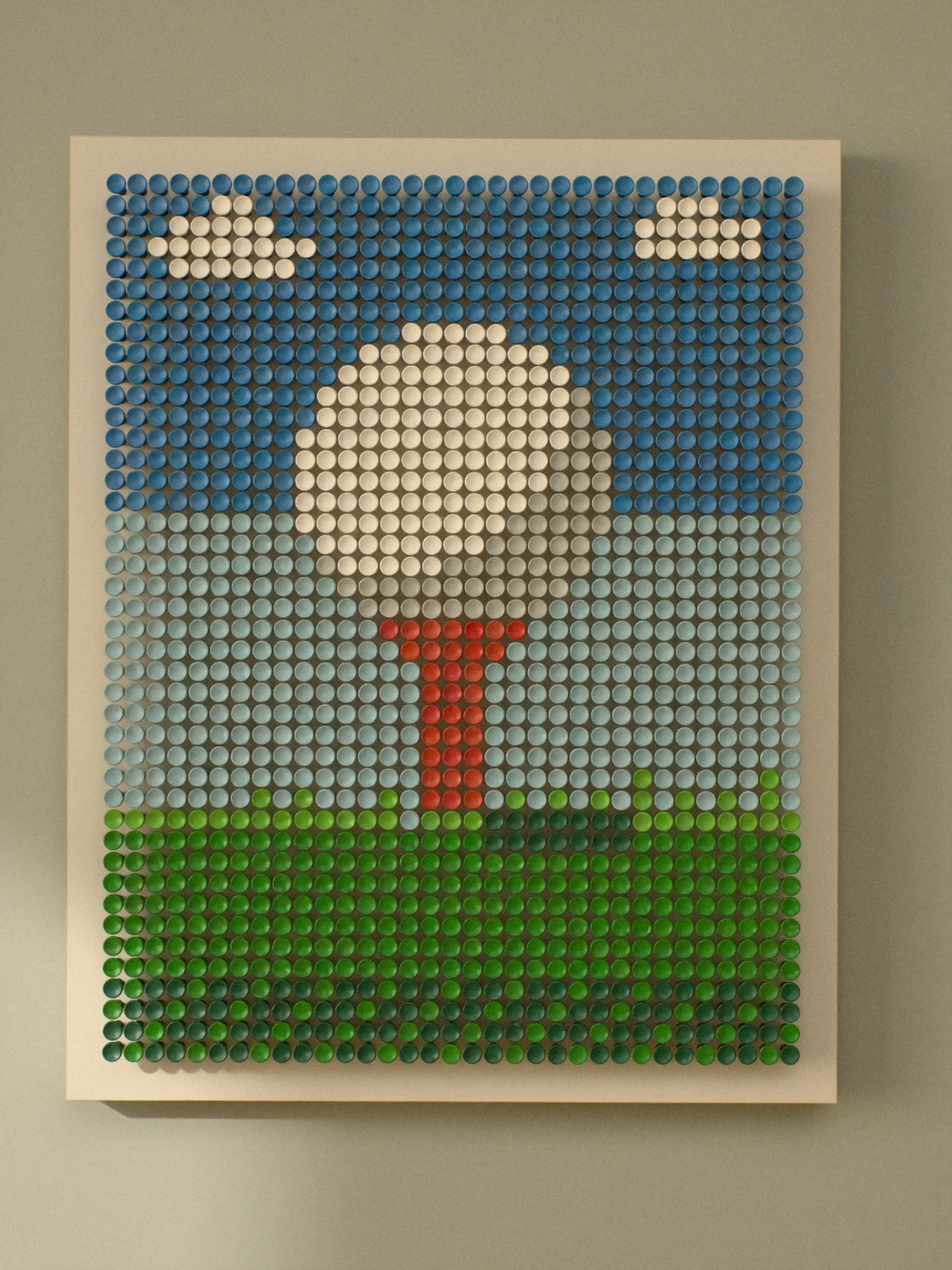 The whole piece straight on: a white ball on a red tee in green grass, under a blue sky with two white clouds, on an ivory panel.