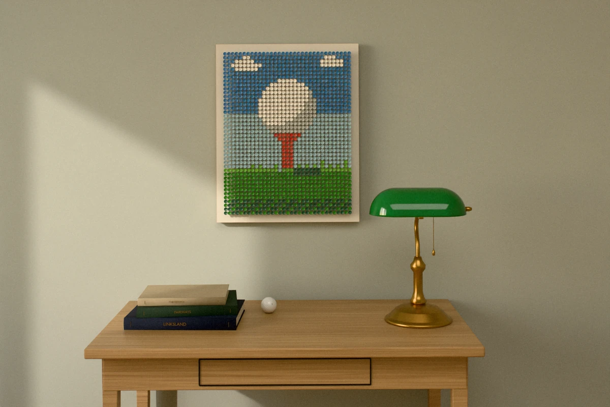 A golf-tee picture of a white ball on a red tee under a blue sky, hung on a sage wall above a small oak writing desk with a green banker’s lamp and books.