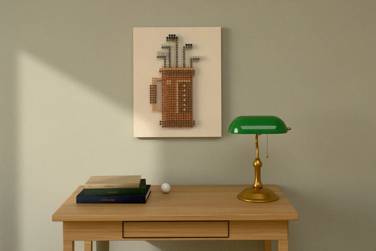 A golf-tee picture of a brown leather golf bag with clubs, hung on a sage wall above a small oak writing desk with a green banker’s lamp and books.