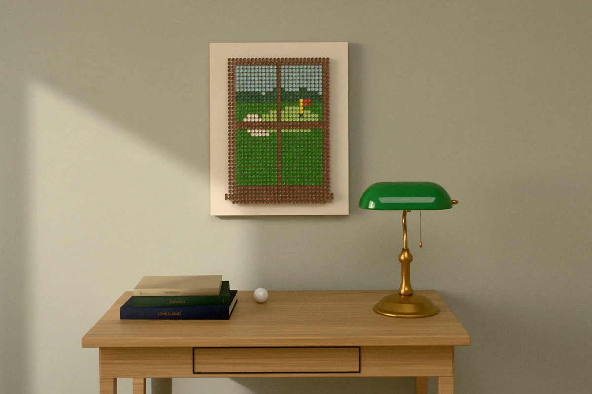 A golf-tee picture of a green seen through a walnut window, hung on a sage wall above a small oak writing desk with a green banker’s lamp and books.